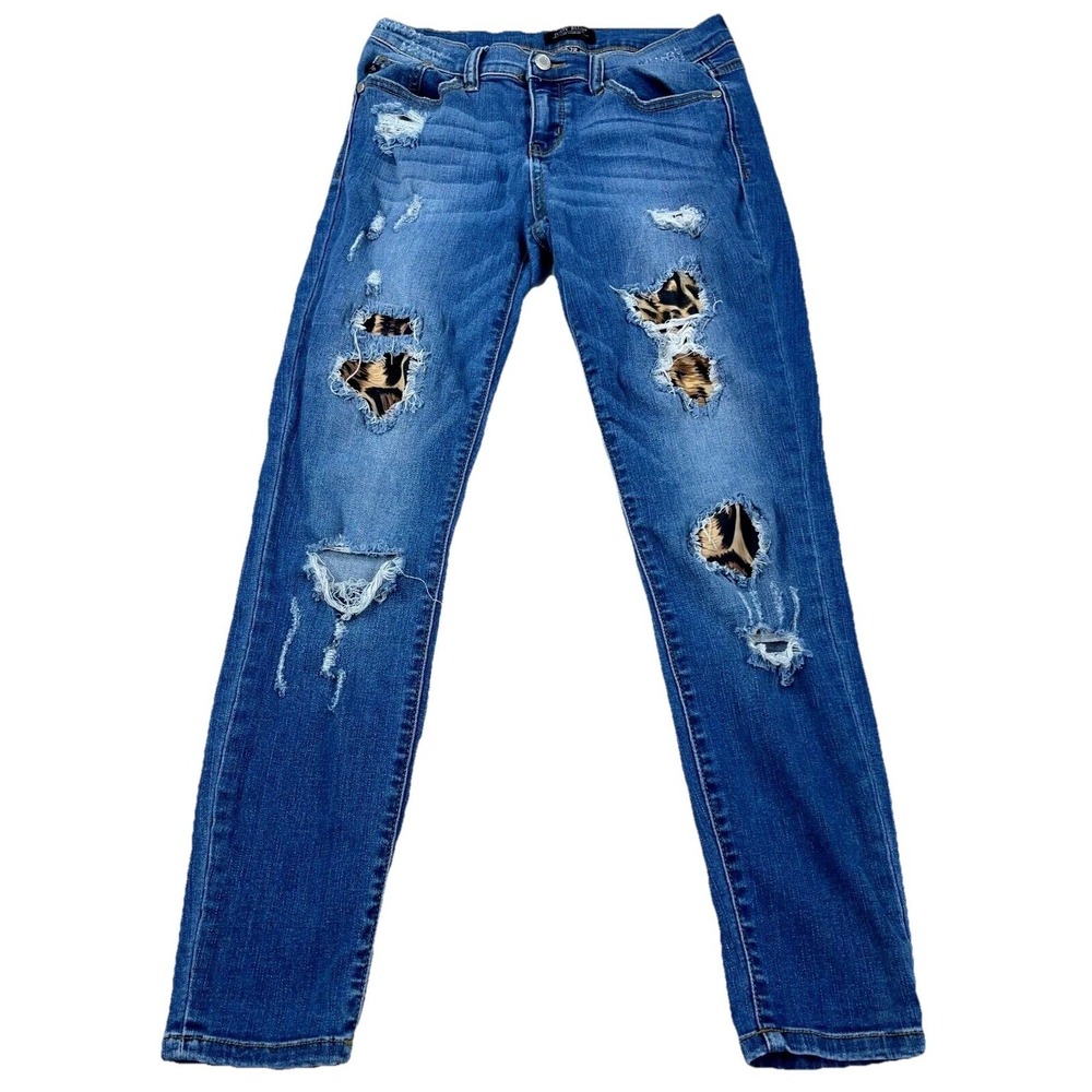 Judy Blue Jeans Women 7 28 Skinny‎ Fit Mid Rise Dark Wash Faded Holes Cheetha